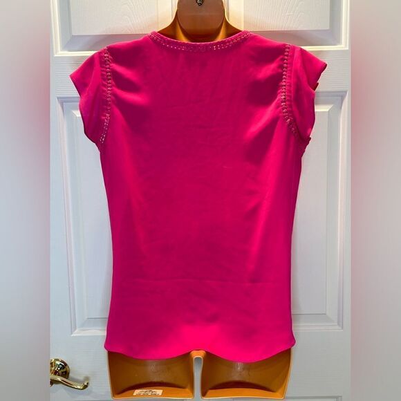 Attention Blouse Women's XL Solid Pink Dot Embroidered Trim Cap Sleeve V Neck - Picture 3 of 7